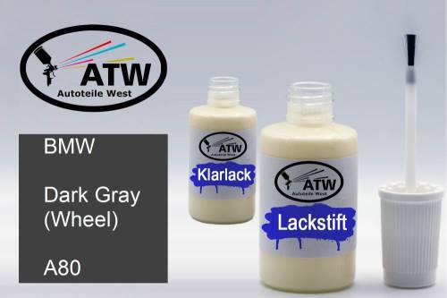 BMW, Dark Gray (Wheel), A80: 20ml Lackstift + 20ml Klarlack - Set, von ATW Autoteile West.